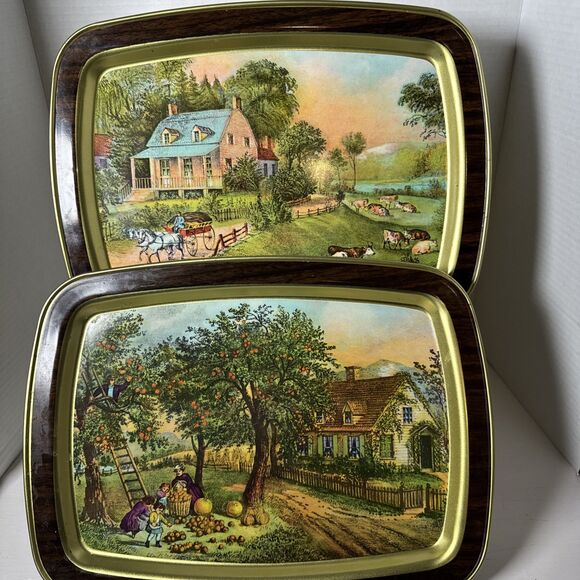 Lot of 2 American Homestead Summer & Autumn Hand Painted Wooden Tin Trays Plates - Picture 1 of 14